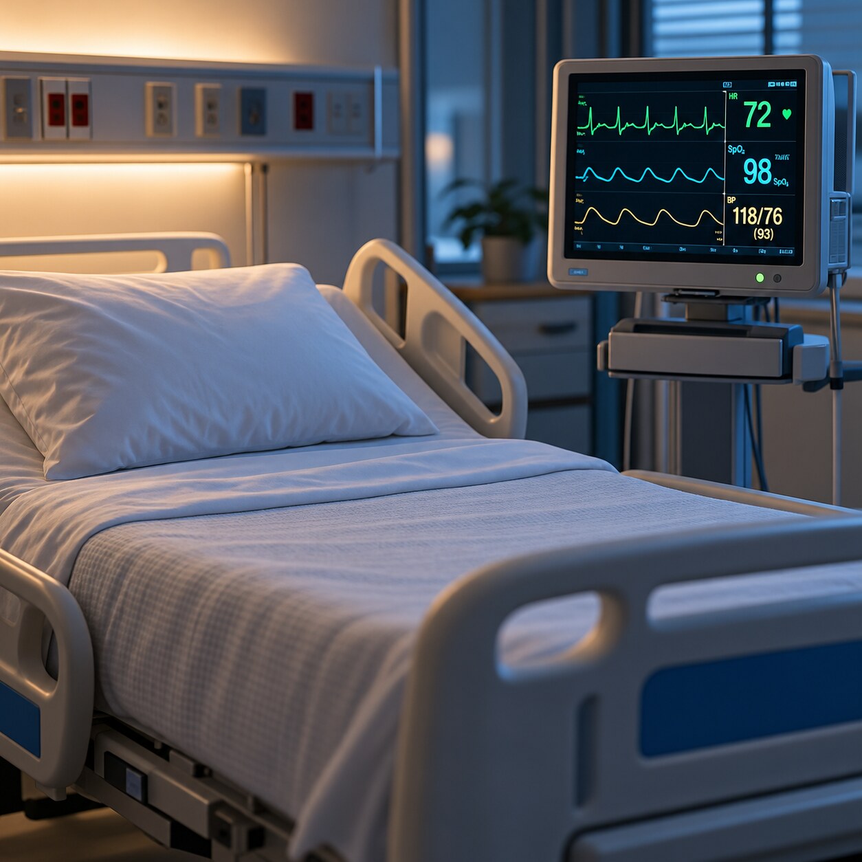 Hospital bed beside a vital signs monitor in an intensive care setting, representing acute critical illness's temporary effect on triglyceride levels
