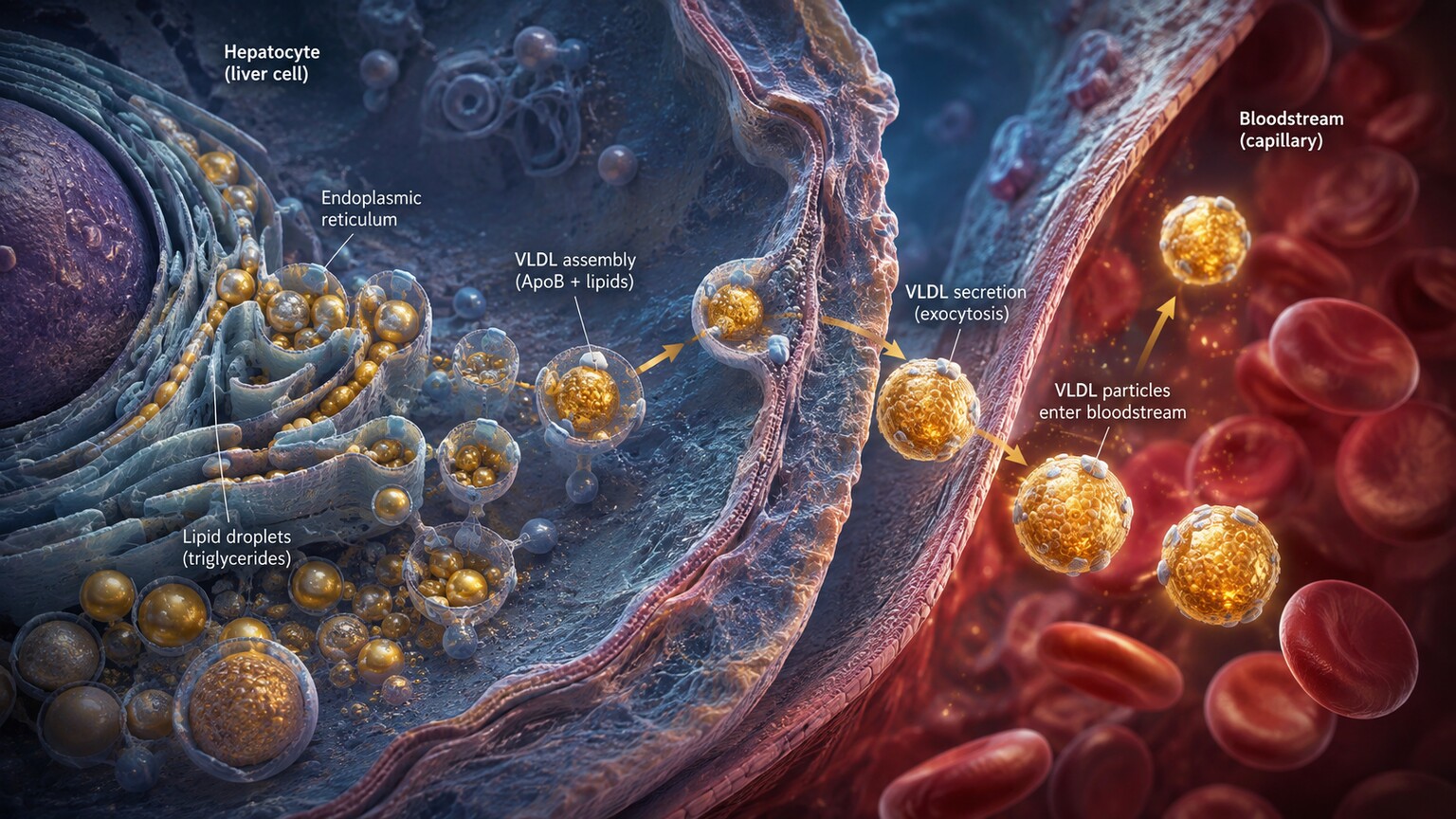 Scientific illustration of a liver cell assembling and releasing VLDL particles loaded with triglycerides into the bloodstream
