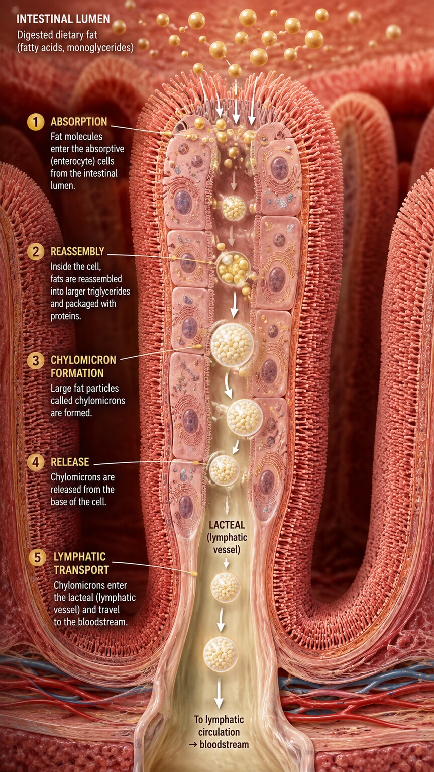 Illustration of intestinal villi absorbing dietary fat and packaging it into chylomicron particles after a meal
