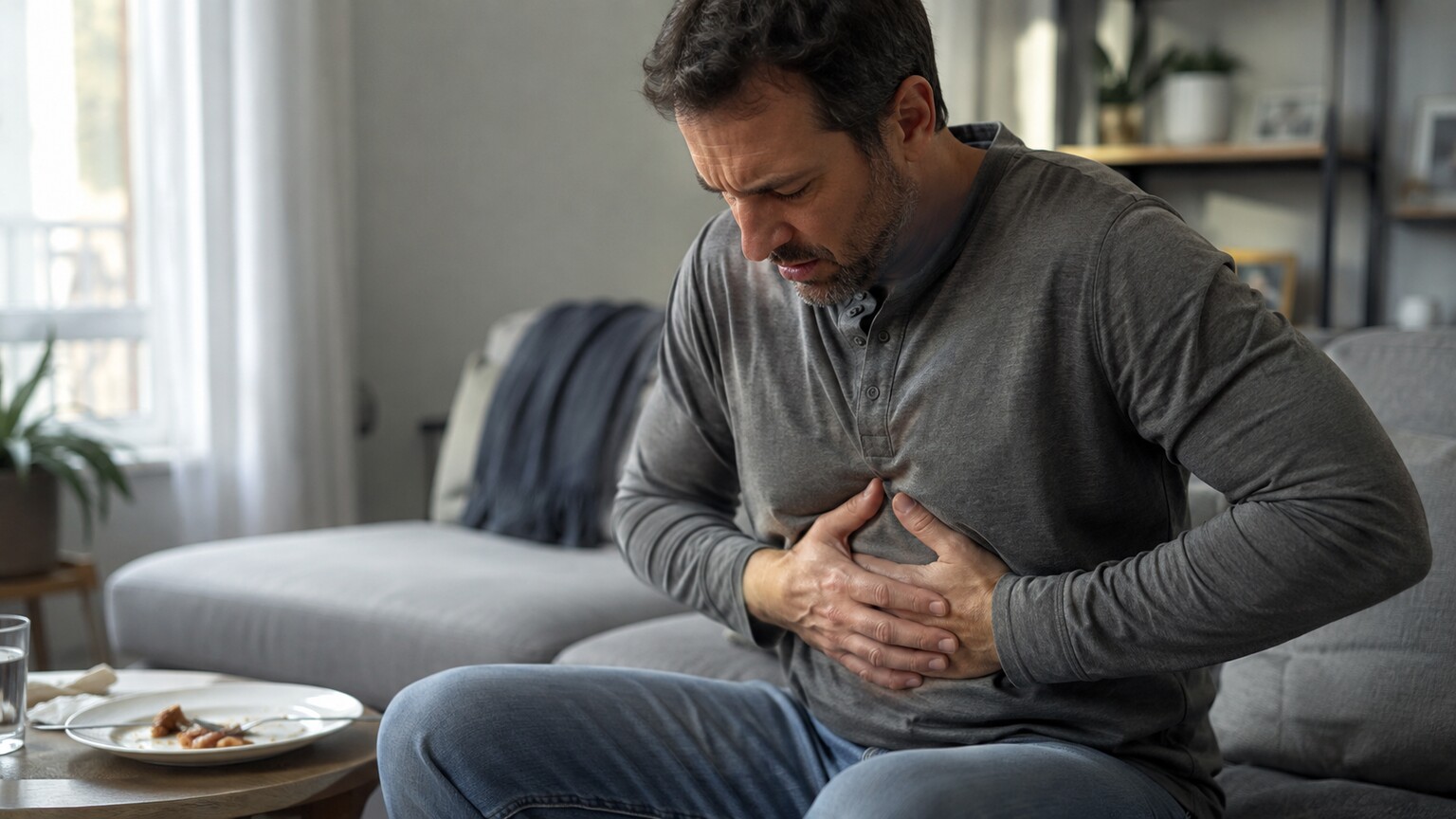 Person sitting on a couch clutching their upper abdomen in discomfort, a warning sign associated with severely elevated triglycerides