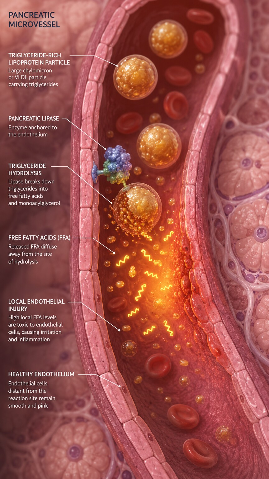 Scientific illustration of pancreatic lipase breaking down triglyceride particles inside a small pancreatic blood vessel, releasing toxic free fatty acids