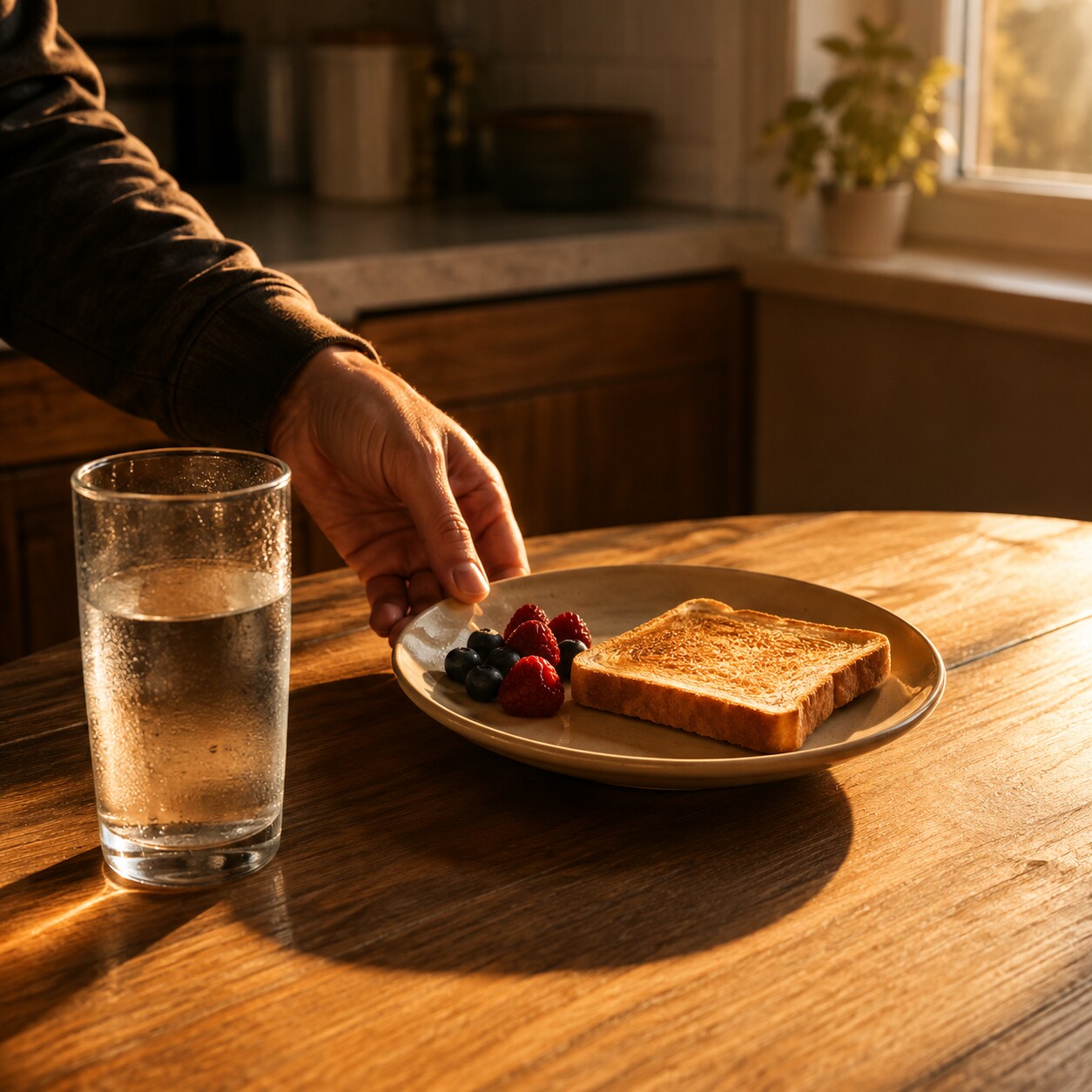 Person gently pushing away an untouched breakfast plate at home in the morning before a scheduled fasting blood test