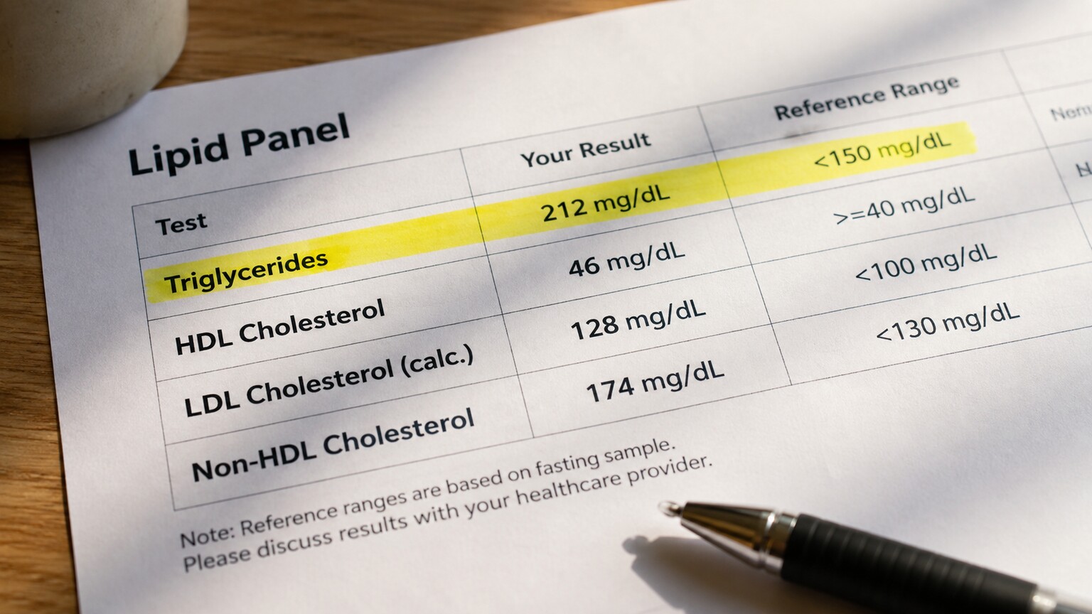 Close-up of a printed lipid panel lab report showing triglyceride, HDL, LDL, and non-HDL cholesterol values side by side