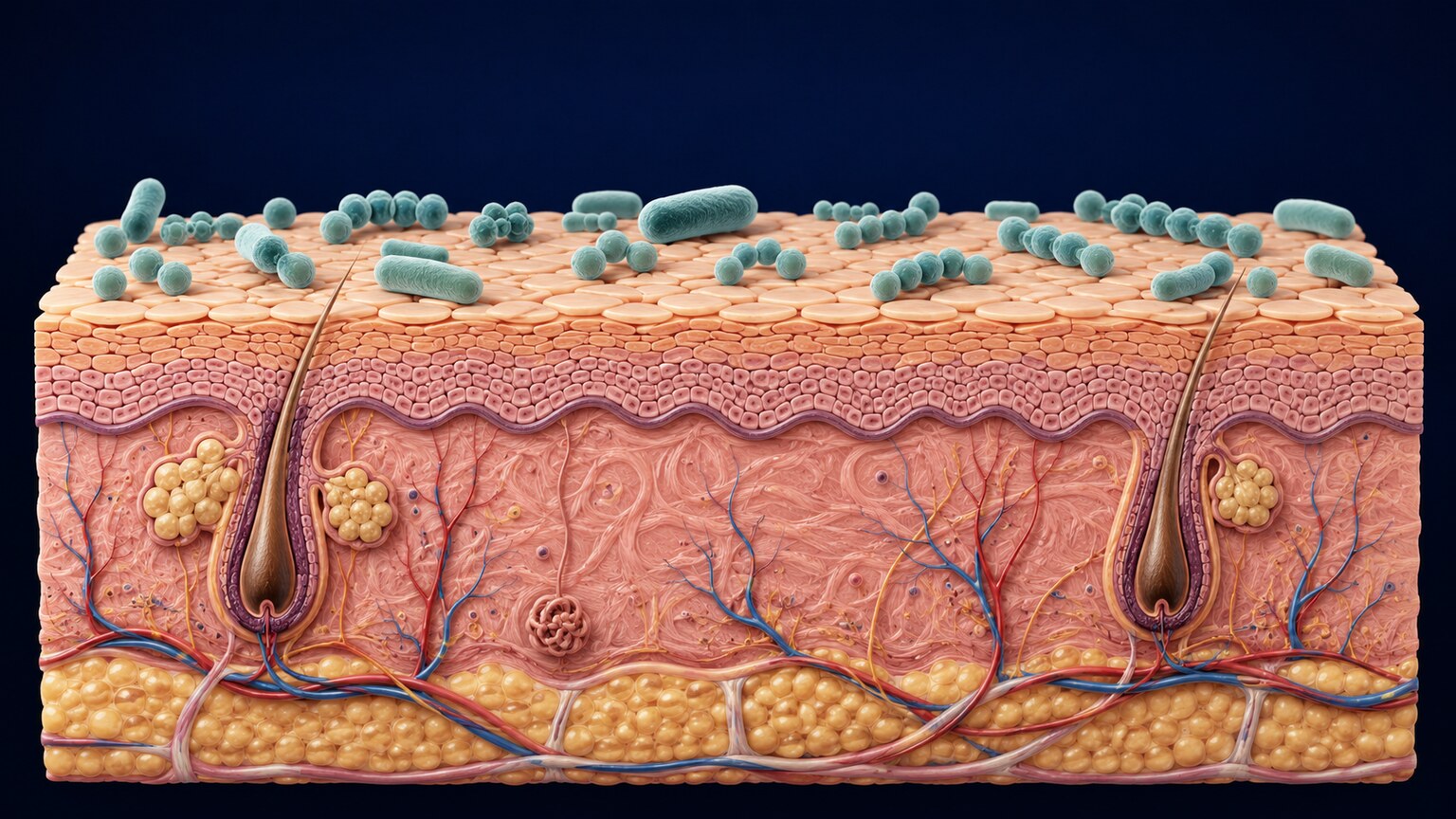 Scientific illustration of bacteria peacefully residing on the surface of human skin without invading underlying tissue
