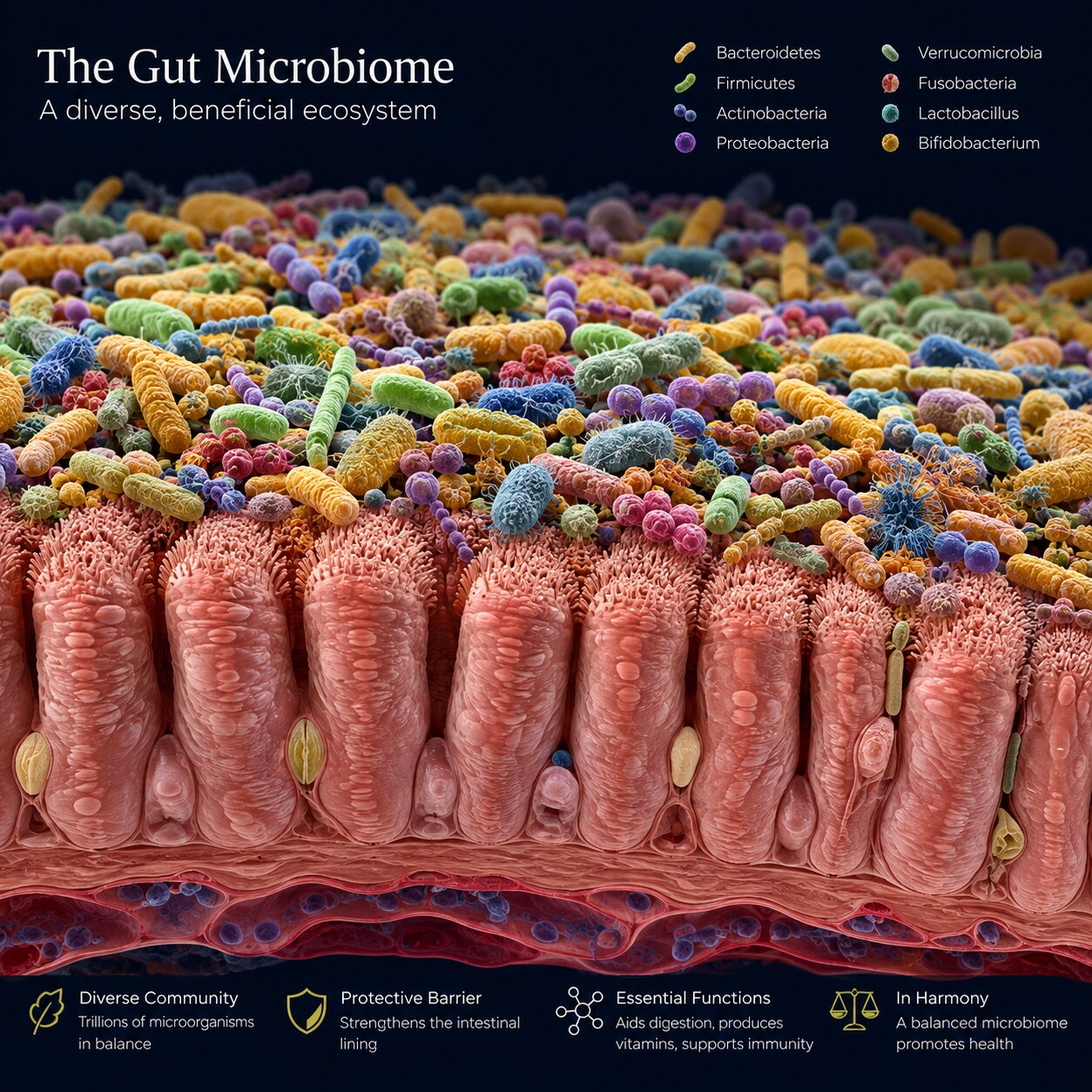 Scientific illustration of diverse bacterial species colonizing the lining of the human intestine as part of the normal gut microbiome