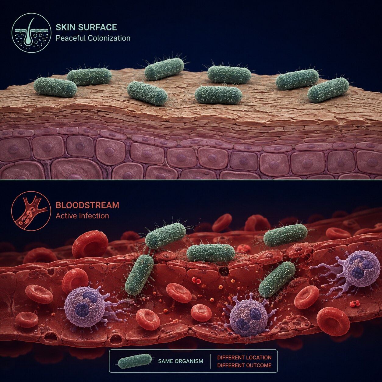 Illustration comparing the same bacterial species harmlessly present on skin versus invading normally sterile bloodstream tissue
