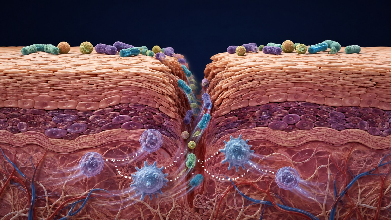 Scientific illustration of a break in the skin barrier allowing normally harmless colonizing bacteria to enter underlying tissue and trigger infection