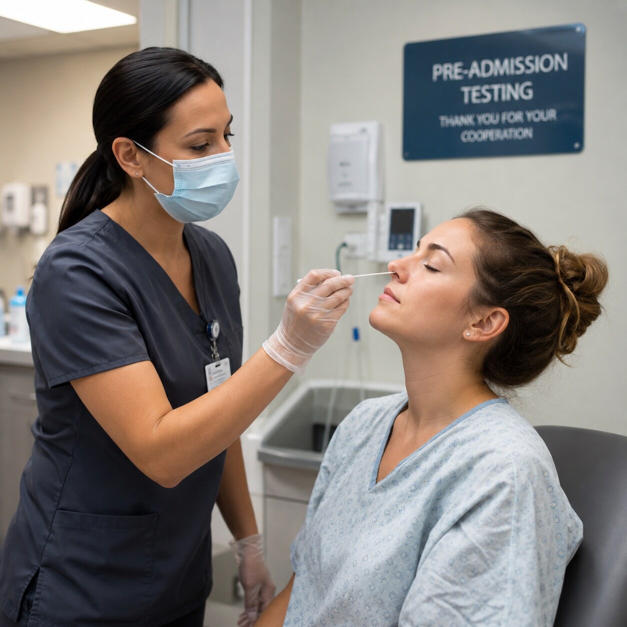 Healthcare worker performing a nasal swab screening test for MRSA colonization on a patient before a hospital procedure