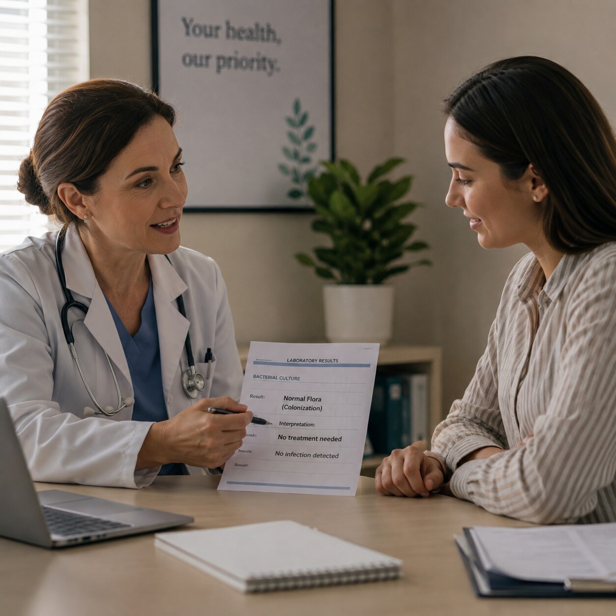 Doctor explaining to a patient why a positive bacterial finding representing colonization does not require antibiotic treatment