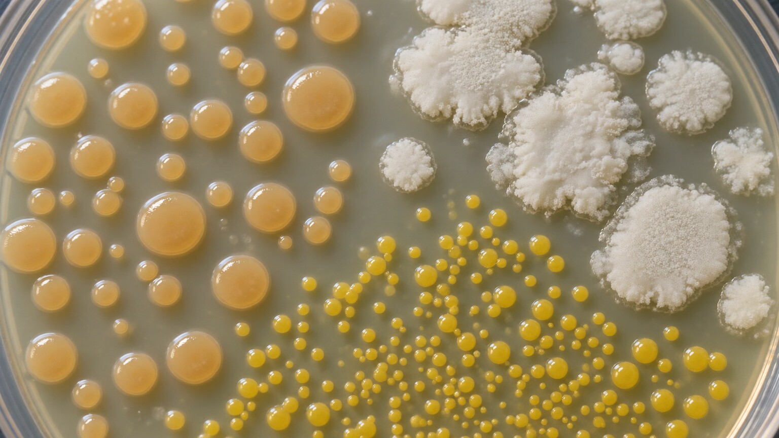 Close-up of a petri dish showing three visually distinct bacterial colony types growing together, illustrating mixed bacterial growth on a culture plate
