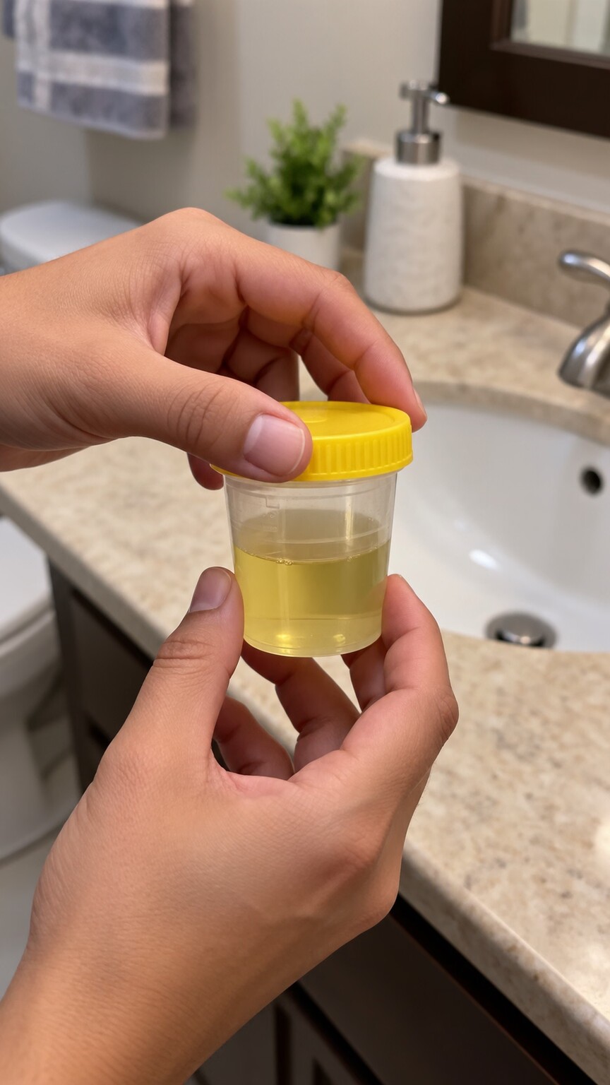 Close-up of hands holding a urine sample collection cup, illustrating how skin flora can contaminate a specimen during improper collection technique