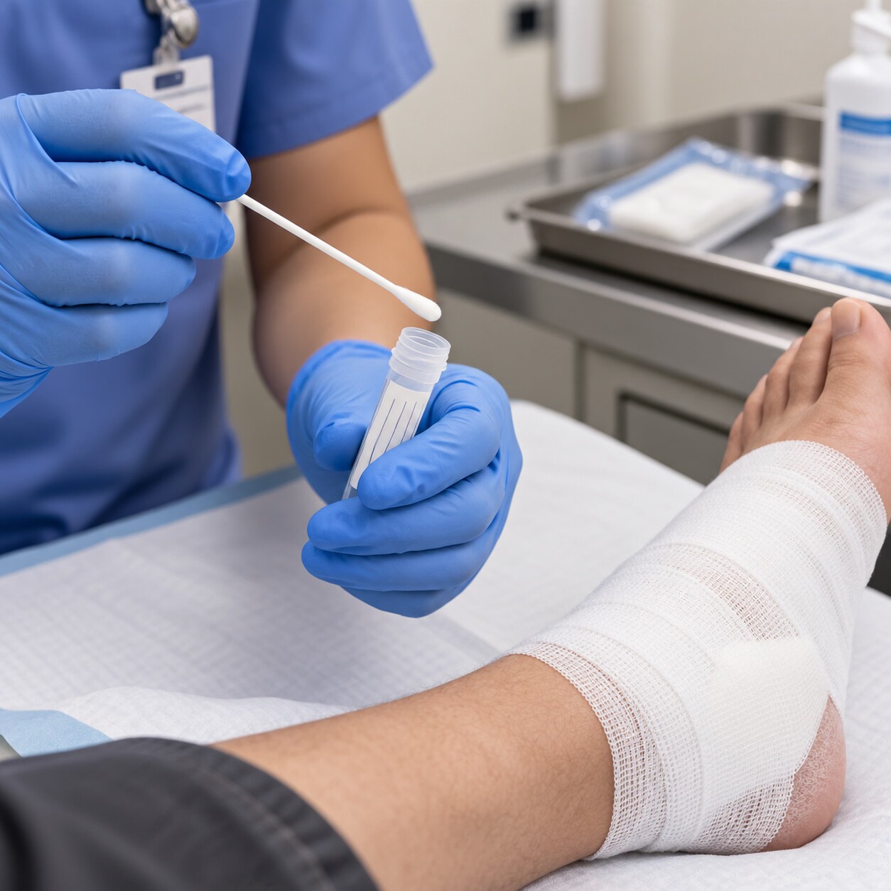 Close-up of a healthcare provider collecting a swab sample from a chronic wound, illustrating how deep tissue infections often genuinely involve multiple bacterial species at once