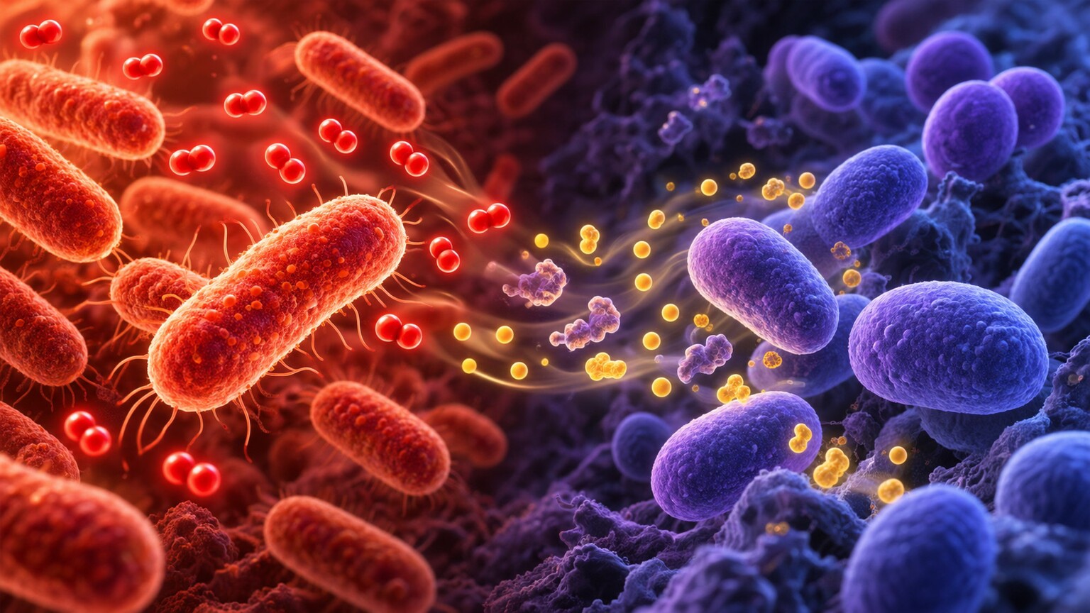 Scientific illustration of aerobic and anaerobic bacteria interacting cooperatively at the cellular level, each consuming oxygen or nutrients in a way that benefits the other species