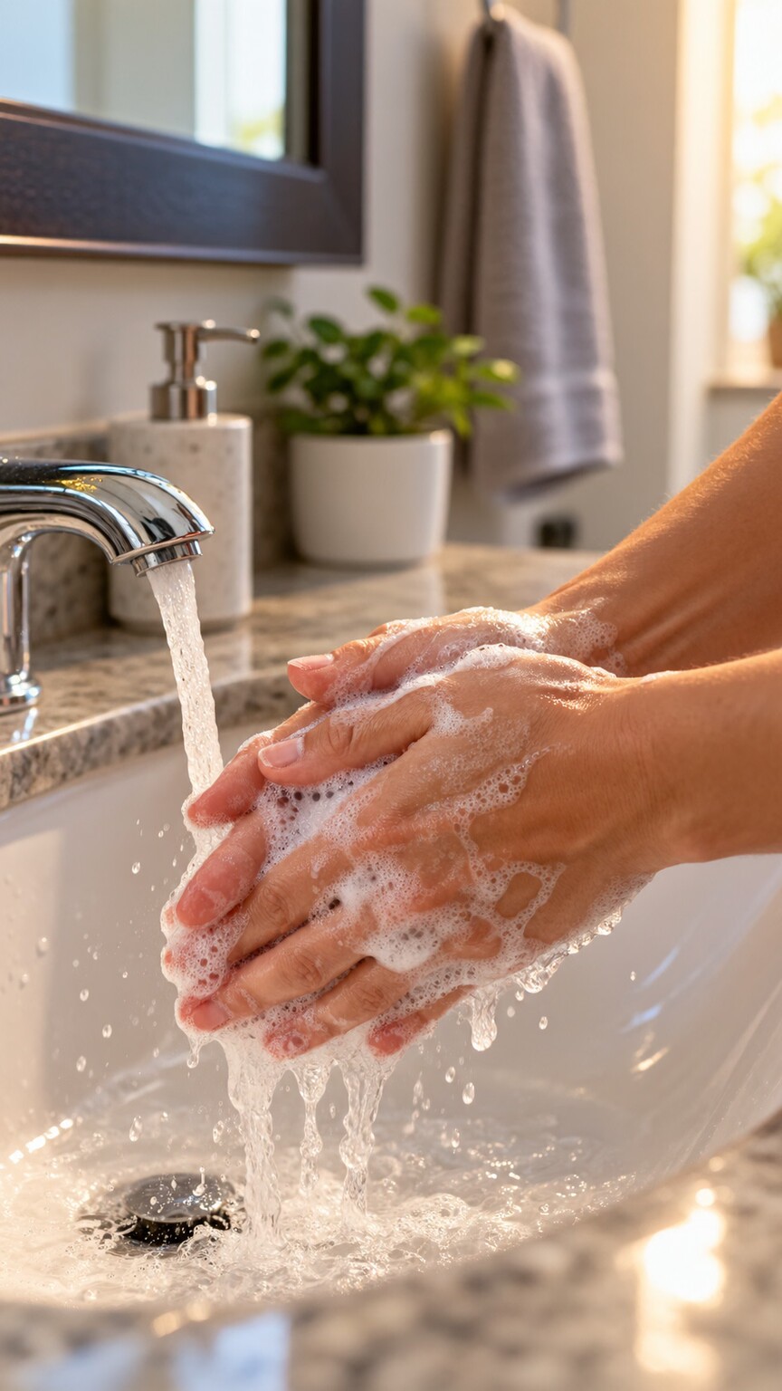 Close-up of hands being washed at a bathroom sink before a clean-catch urine sample collection, illustrating proper technique to reduce contamination