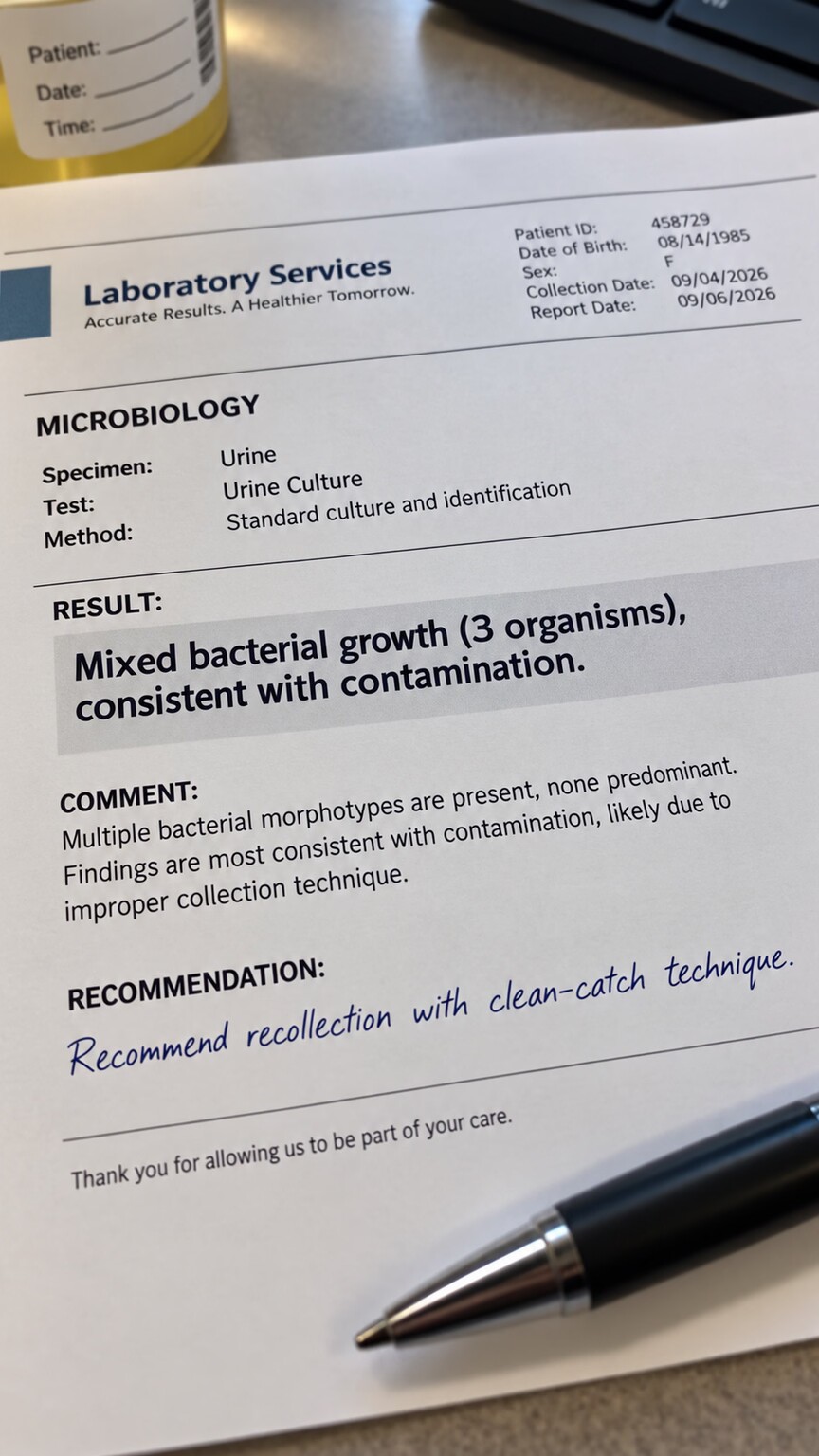 A printed culture lab report showing a mixed growth result with a note recommending sample recollection using proper technique