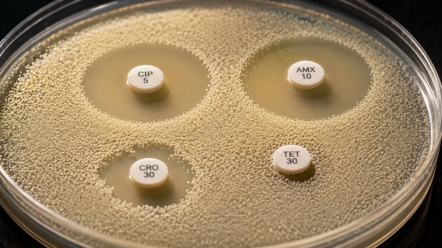 Close-up of a Kirby-Bauer disk diffusion plate showing clear zones of inhibition around antibiotic disks