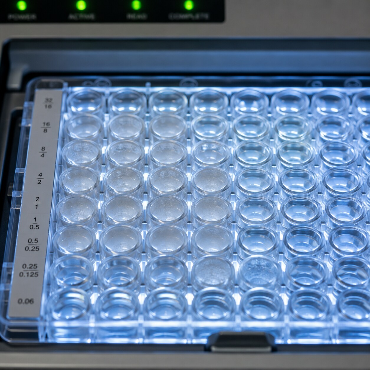 Automated microplate antibiotic sensitivity analyzer displaying color-coded minimum inhibitory concentration wells