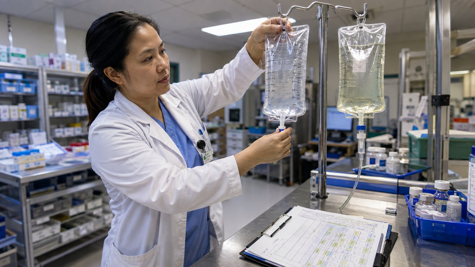 Hospital pharmacist switching a patient's IV antibiotic bag after sensitivity results return