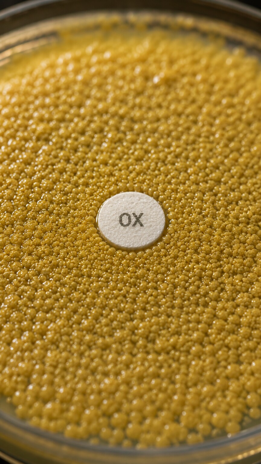 Microscopic view of Staphylococcus aureus colonies showing no inhibition zone around an oxacillin disk, indicating MRSA