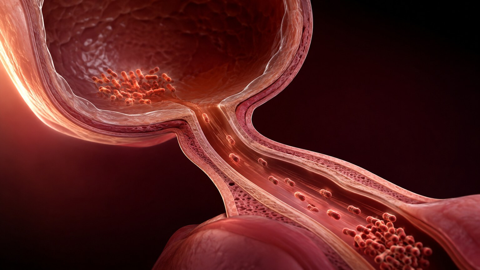Scientific illustration of rod-shaped bacteria migrating upward from the perineal area through the urethra toward the bladder