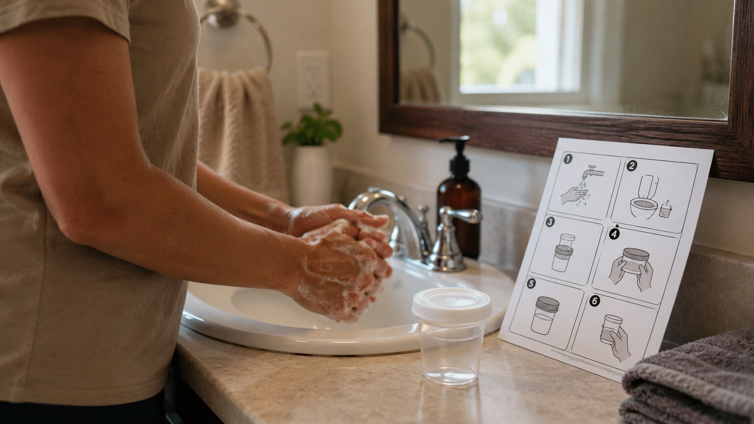 A person at a bathroom sink following printed clean-catch urine collection instructions before providing a sample