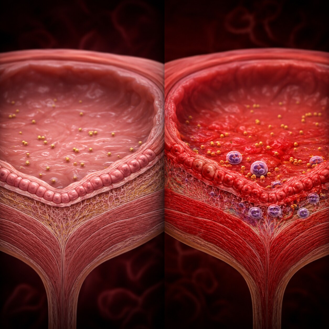 Scientific illustration comparing a bladder wall with bacteria present but no inflammation against a bladder wall with the same bacteria triggering visible inflammatory response