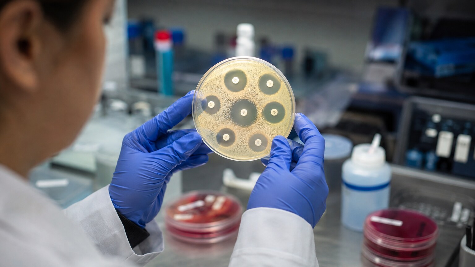 A laboratory technician examining an antibiotic sensitivity testing plate showing clear zones around different antibiotic disks placed on bacterial growth