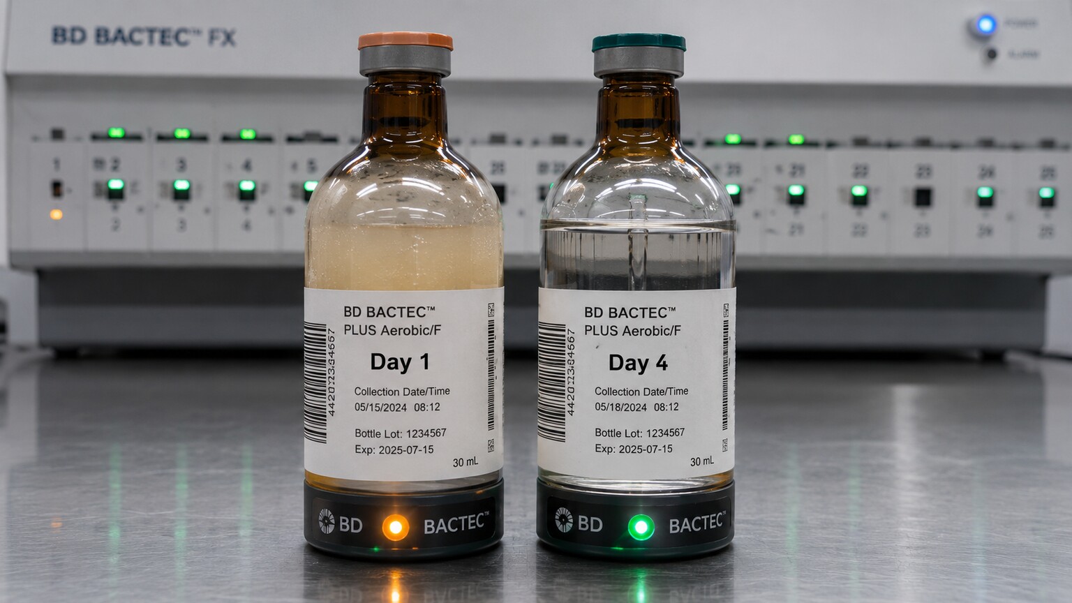 Two blood culture bottles on a lab bench, one turbid from initial growth and one clear after repeat testing