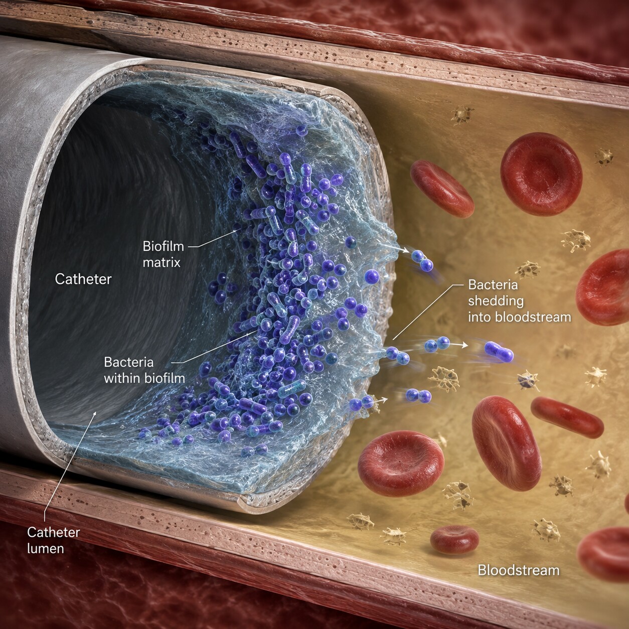 Cross-section illustration of bacteria embedded in a biofilm coating the inside of a central venous catheter