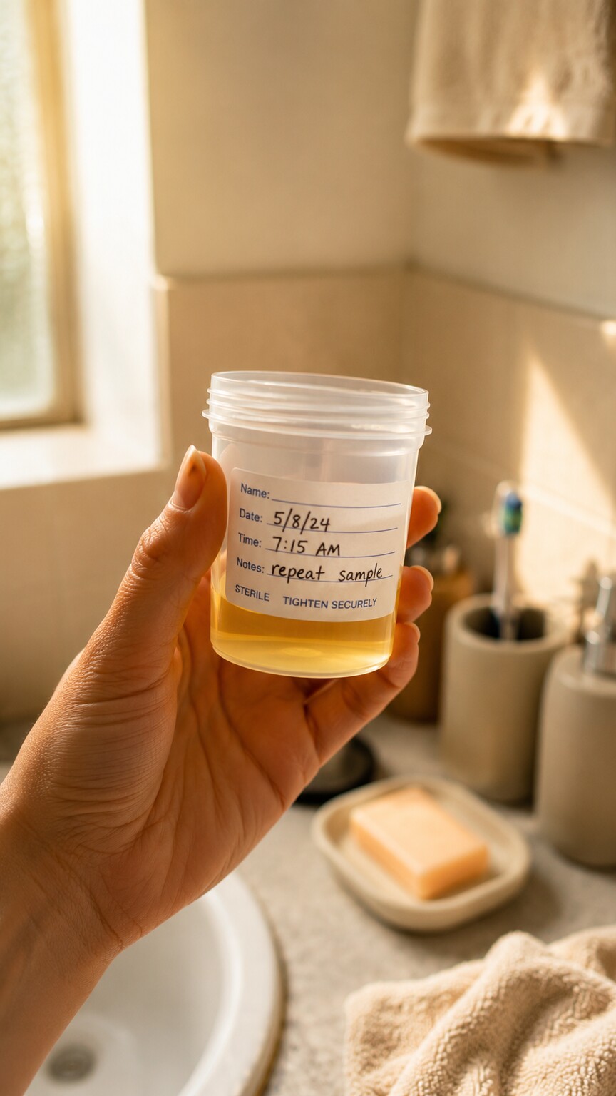 Hand holding a labeled clean-catch urine sample cup at a bathroom counter for a repeat UTI culture