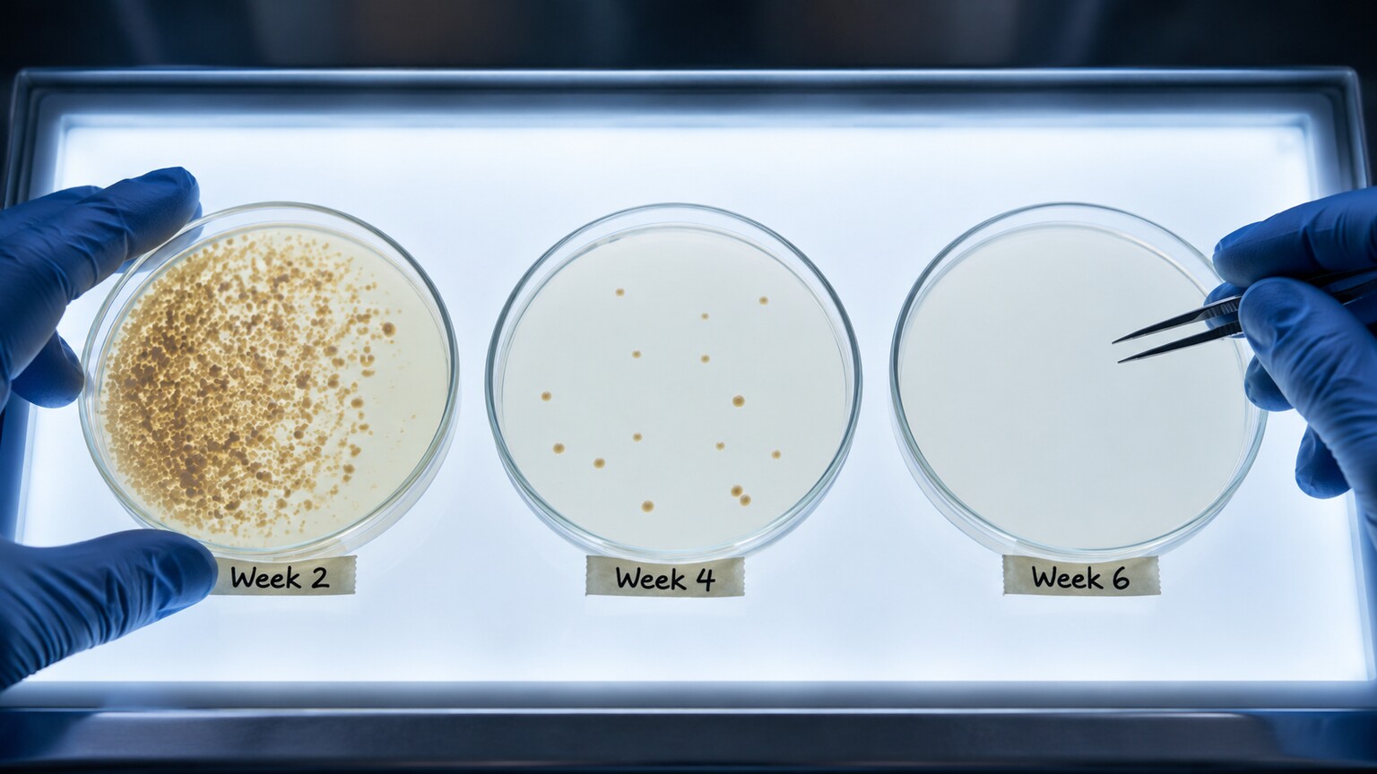 Gloved hands examining three sequential sputum culture plates on a lightbox showing declining bacterial colonies