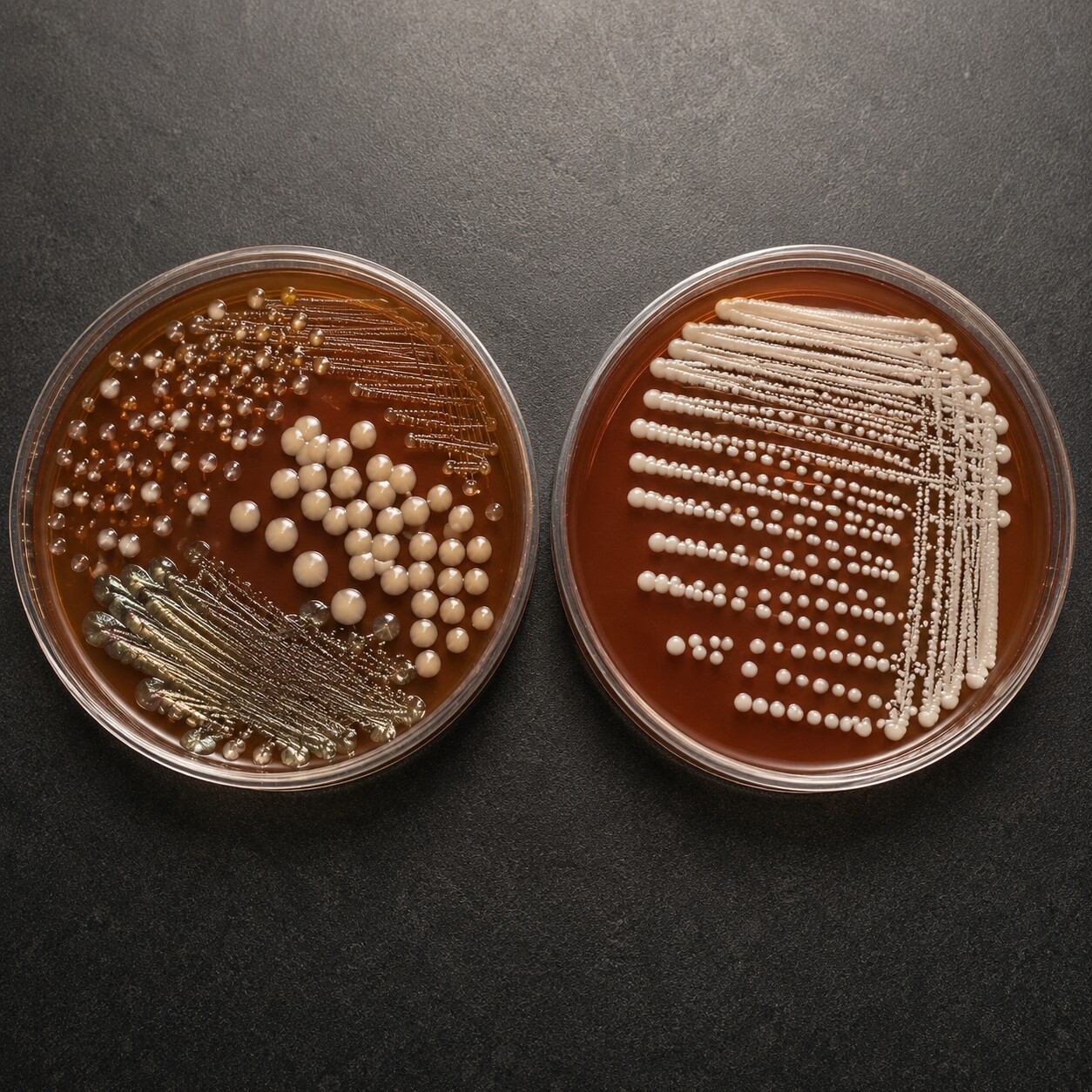 Side-by-side agar plates comparing mixed contaminated bacterial growth with a single clean bacterial colony type