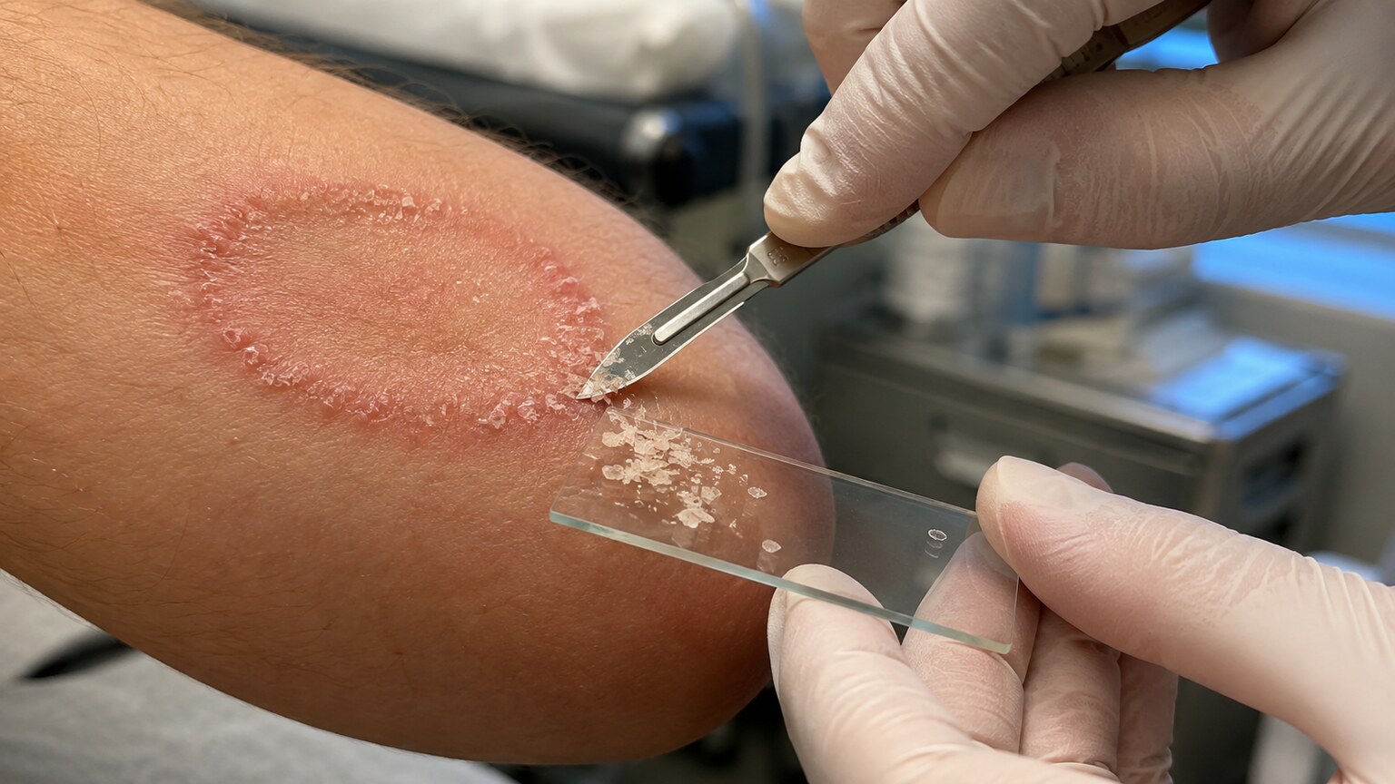 Clinician's gloved hand using a blunt scalpel to scrape the active edge of a scaly skin patch onto a glass slide