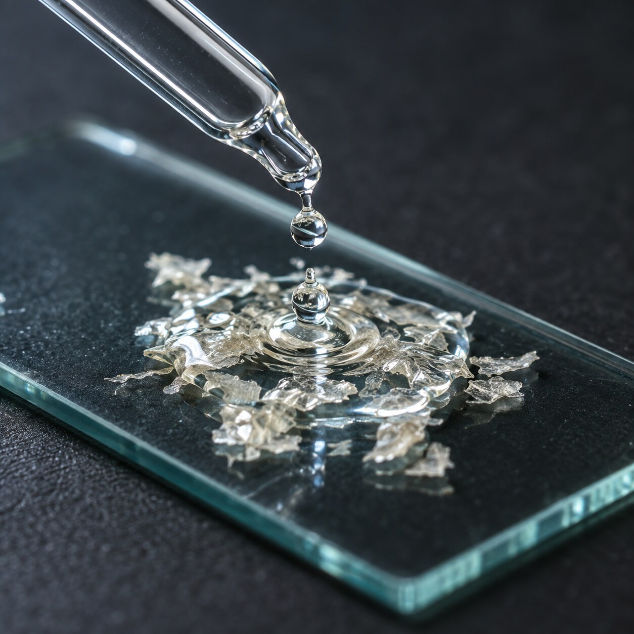 Extreme close-up of a potassium hydroxide droplet being placed onto a glass slide holding pale skin scale flakes