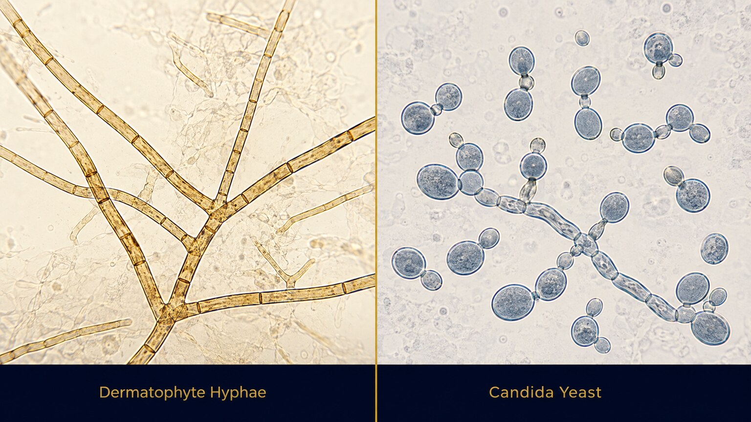 Split scientific illustration comparing branching septate fungal hyphae against round budding Candida yeast cells