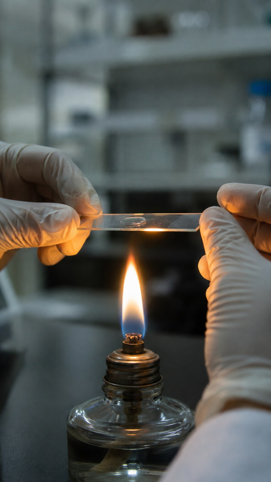 Gloved hands holding a glass microscope slide briefly over a small alcohol lamp flame to accelerate keratin dissolution