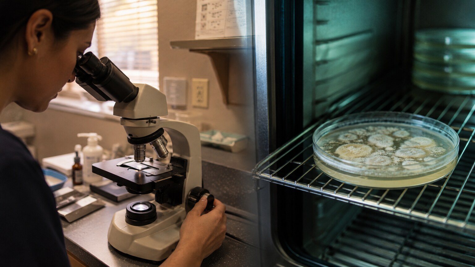 Split composition showing a KOH slide being read at a clinic microscope beside a fungal culture plate inside a lab incubator