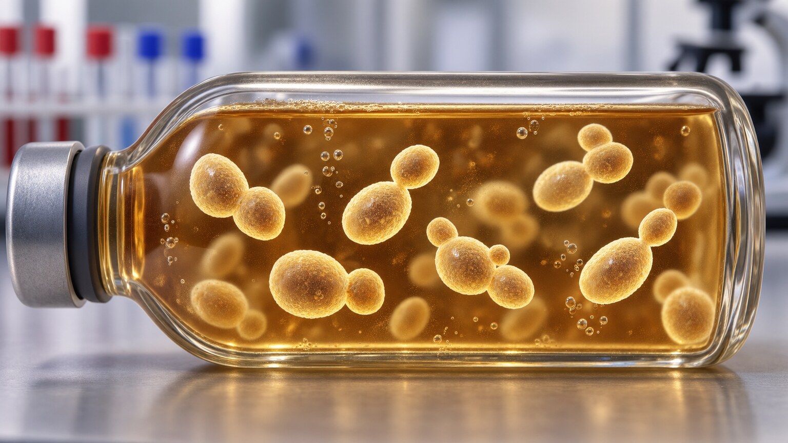 Scientific illustration of Candida yeast cells budding and multiplying inside a blood culture bottle, representing bloodstream fungal growth