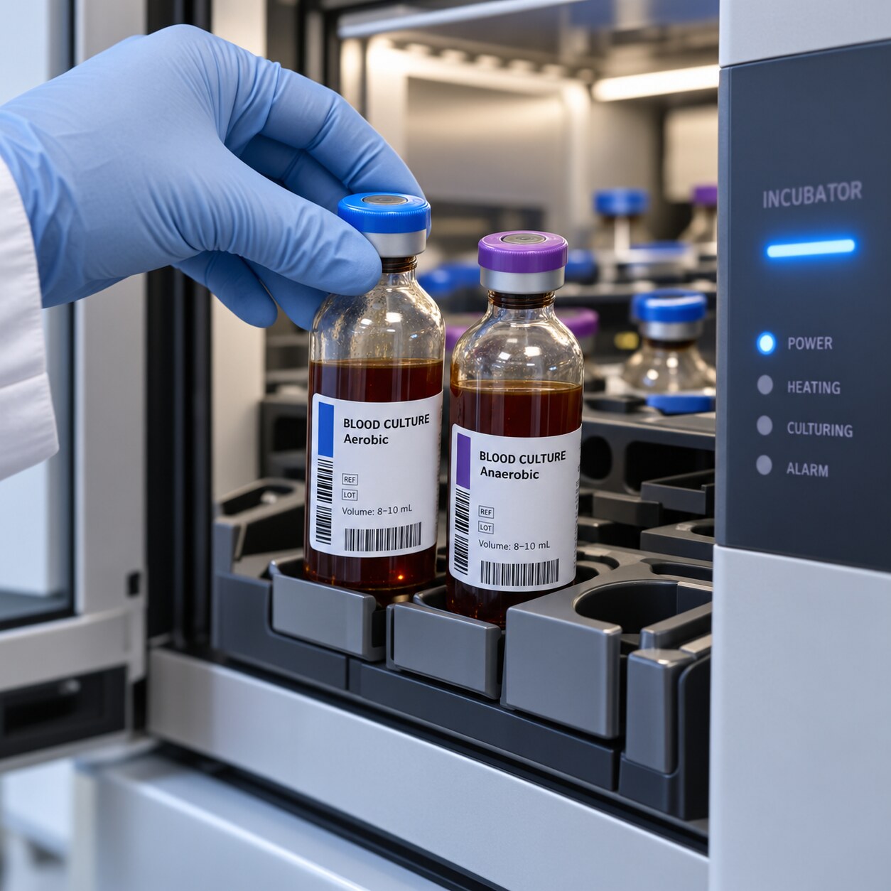 Labeled blood culture bottles being placed into a laboratory incubator shortly after collection