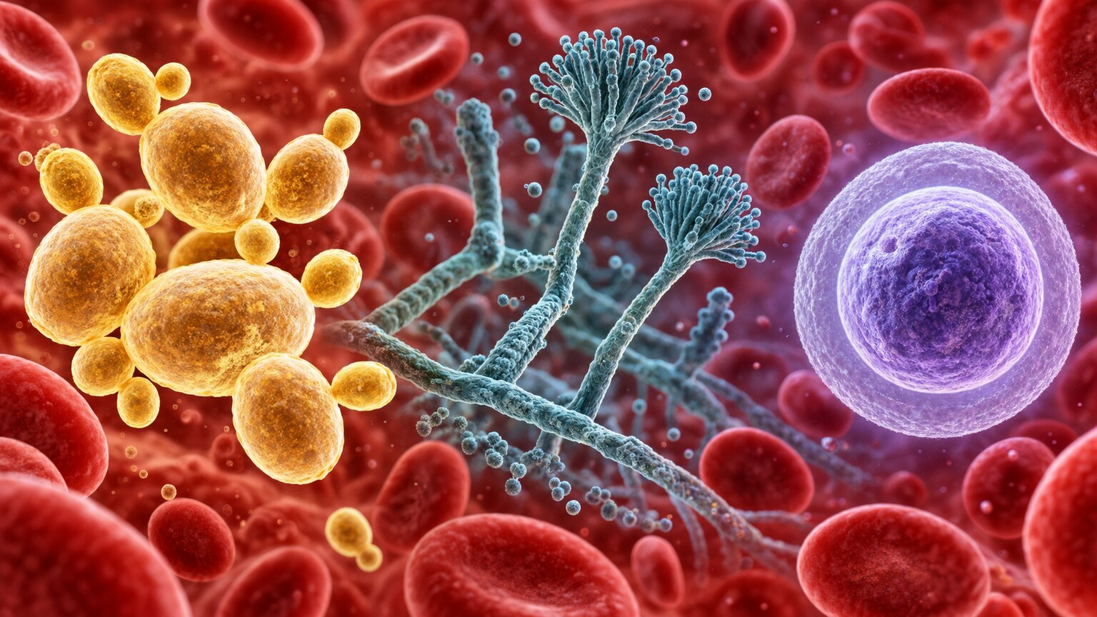 Scientific illustration comparing three visually distinct fungal organisms — budding yeast, branching mold filaments, and an encapsulated round cell — within a blood sample