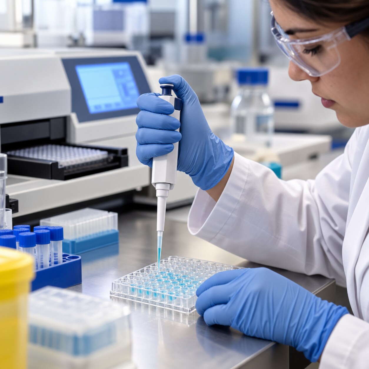 Laboratory technician performing a beta-D-glucan antigen assay on a blood sample using a microplate reader