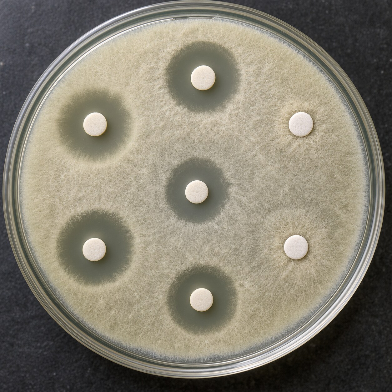 Antifungal susceptibility testing plate showing clear zones of inhibited fungal growth around several medication-impregnated disks