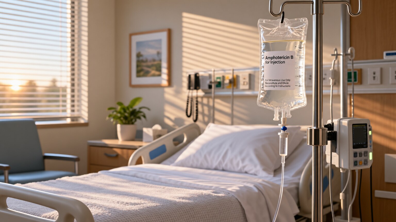 Hospital room IV pole with an antifungal infusion bag hanging beside a neatly made bed, representing prompt treatment after a positive blood culture