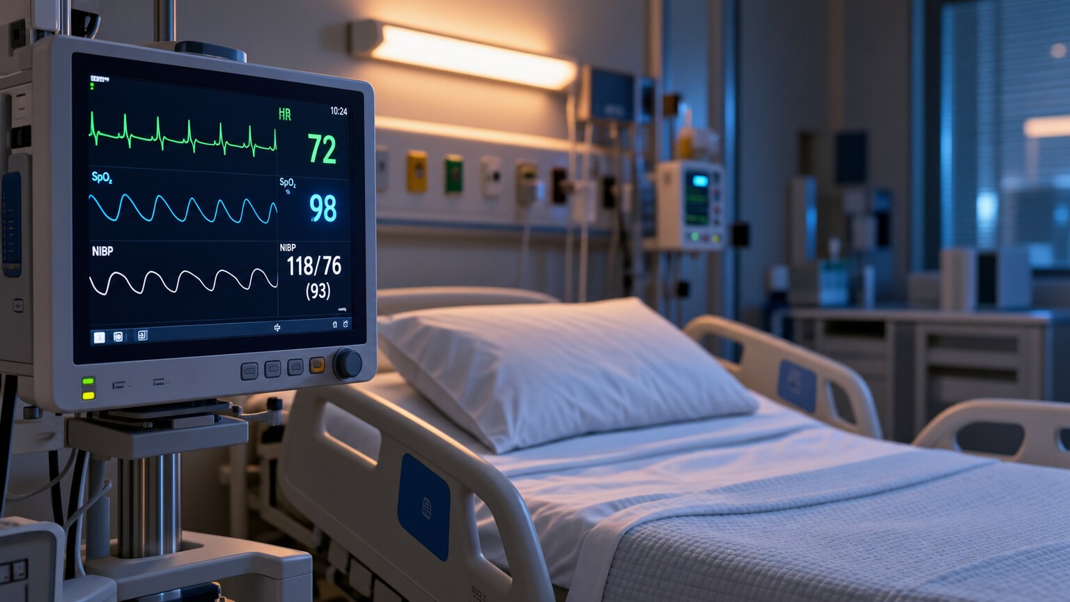 Intensive care unit monitor displaying vital signs beside a hospital bed, representing ongoing risk screening for candidemia in critically ill patients