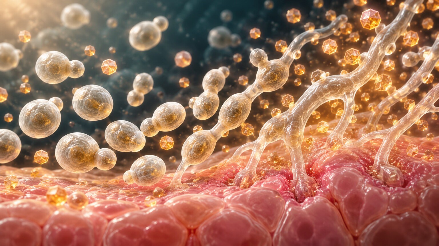 Scientific illustration of Candida yeast cells budding and forming hyphae in a tissue environment dense with glucose molecules