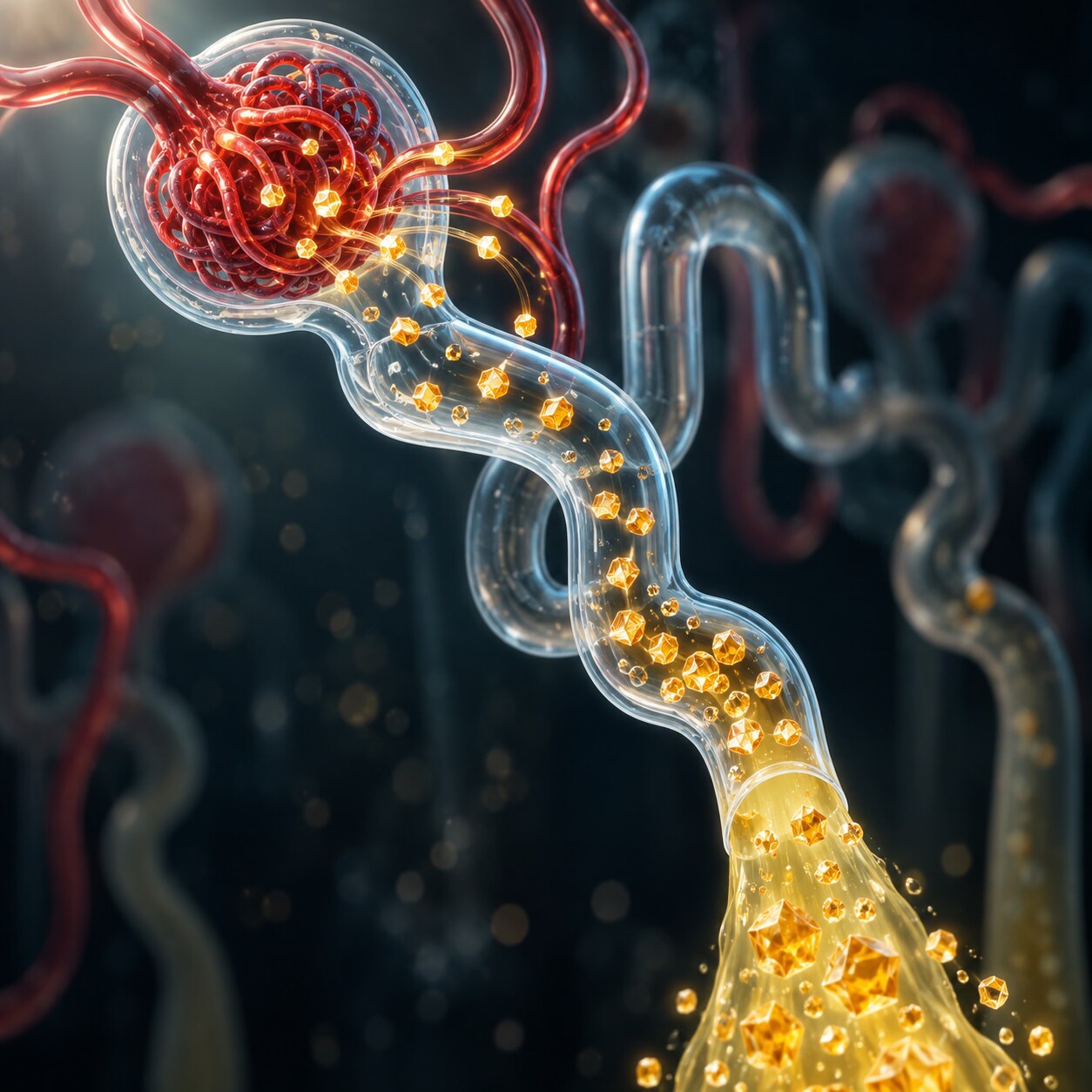 Illustration of a kidney nephron allowing glucose molecules to spill into urine once blood sugar rises above the renal threshold