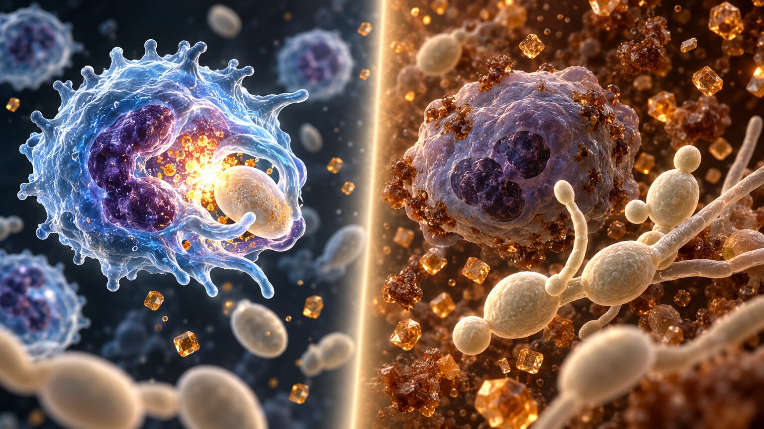 Scientific illustration contrasting a healthy neutrophil rapidly engulfing a Candida cell with a sluggish, high-glucose-impaired neutrophil failing to respond