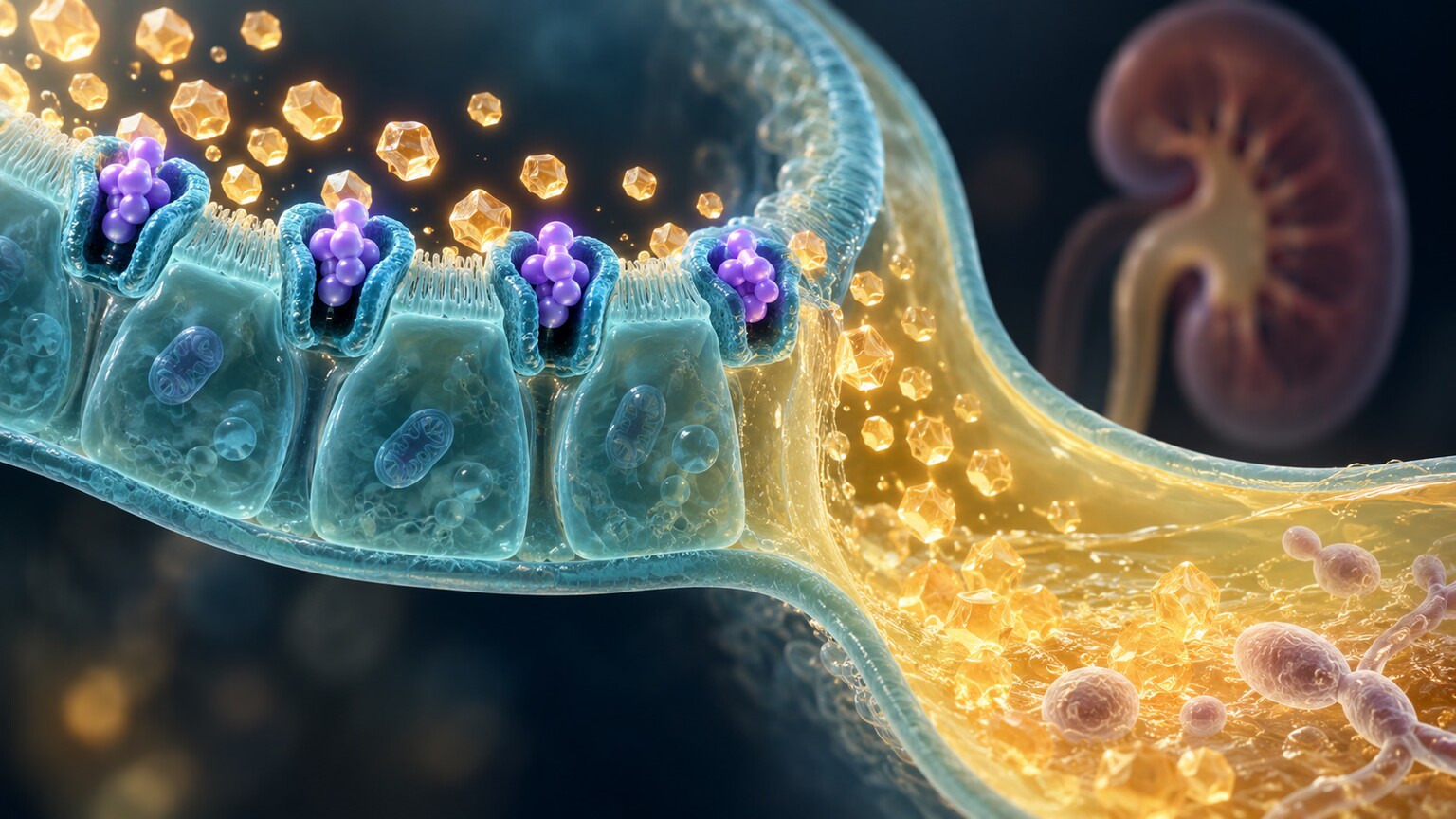 Scientific illustration of an SGLT2 inhibitor molecule blocking the kidney glucose transporter, forcing glucose out into the urine and raising genital yeast infection risk