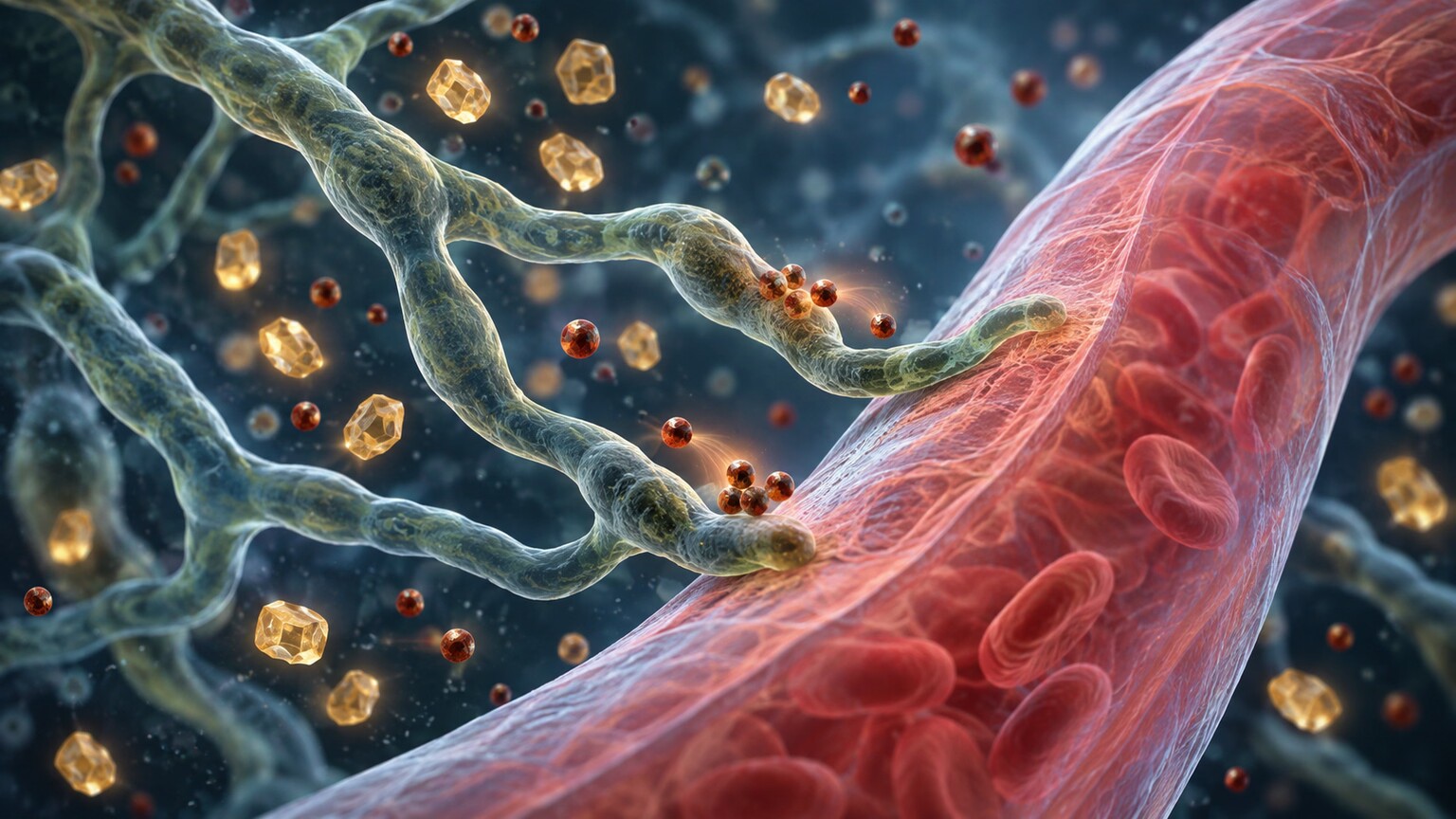 Scientific illustration of broad Mucorales fungal hyphae growing into a blood vessel wall in the acidic, iron-rich environment of diabetic ketoacidosis