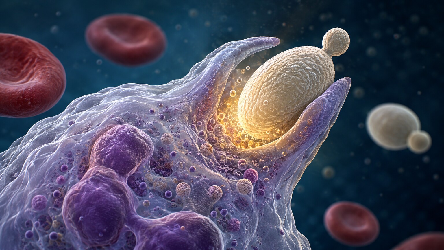 Scientific illustration of a neutrophil engulfing Candida albicans yeast cells during phagocytosis